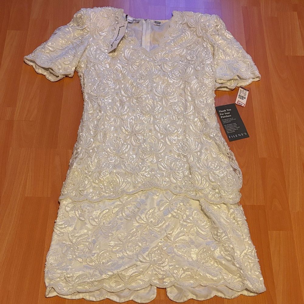New large ivory beaded Laurence Kazar rayon sheath dress made in India